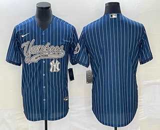 Mens New York Yankees Big Logo Navy Blue Pinstripe Cool Base Stitched Baseball Jerseys->new york yankees->MLB Jersey